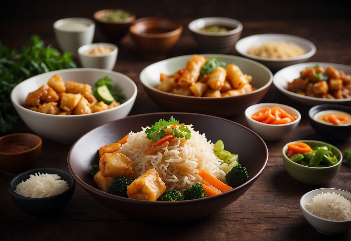 A table set with a variety of Chinese dishes: stir-fried vegetables, sweet and sour chicken, fried rice, and spring rolls