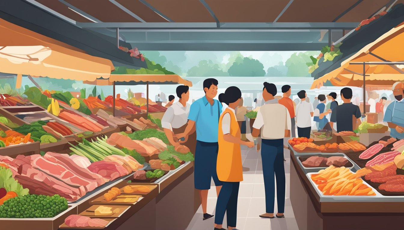 A colorful array of fresh meats, vibrant vegetables, and savory condiments fill the shelves of a bustling outdoor market in Singapore. The aroma of smoky barbecue fills the air as customers browse the selection, preparing for a perfect BBQ
