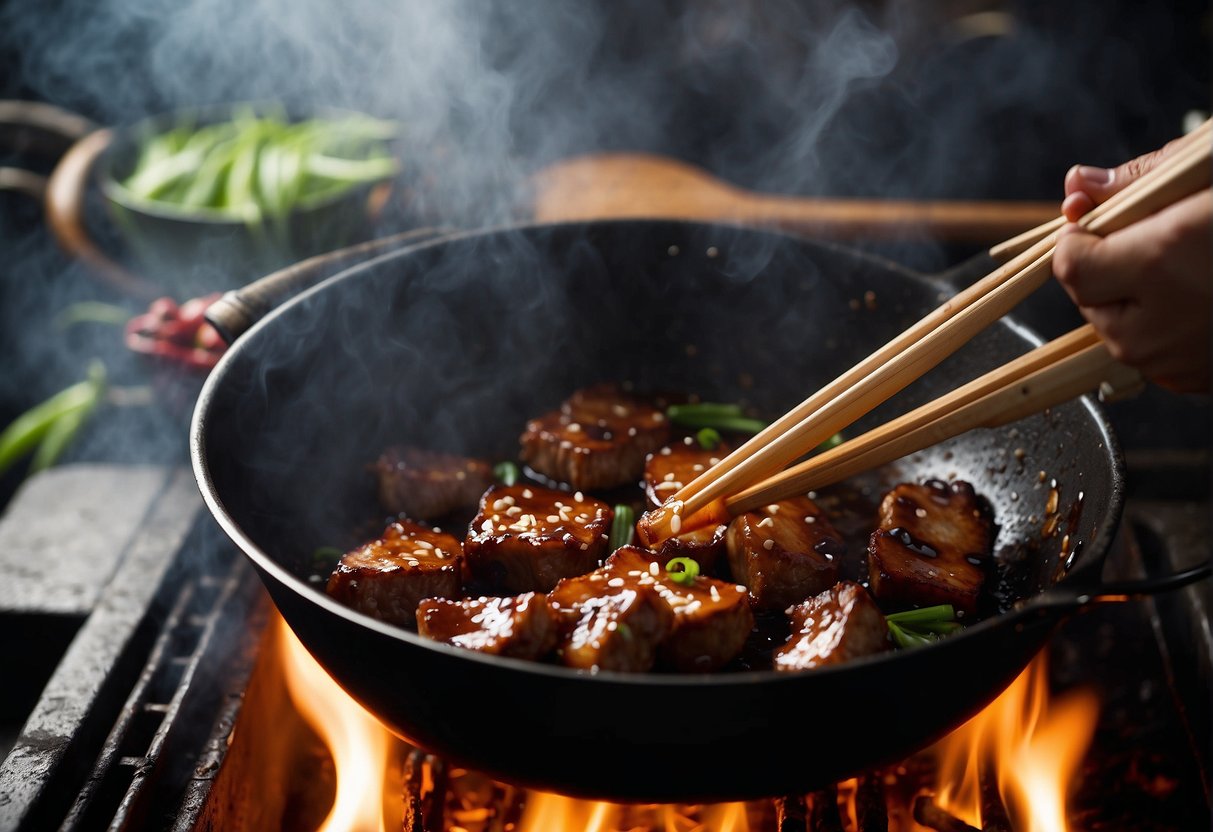Sizzling pork pieces in a hot wok, splashing in Chinese black vinegar, soy sauce, and sugar, creating a caramelized glaze