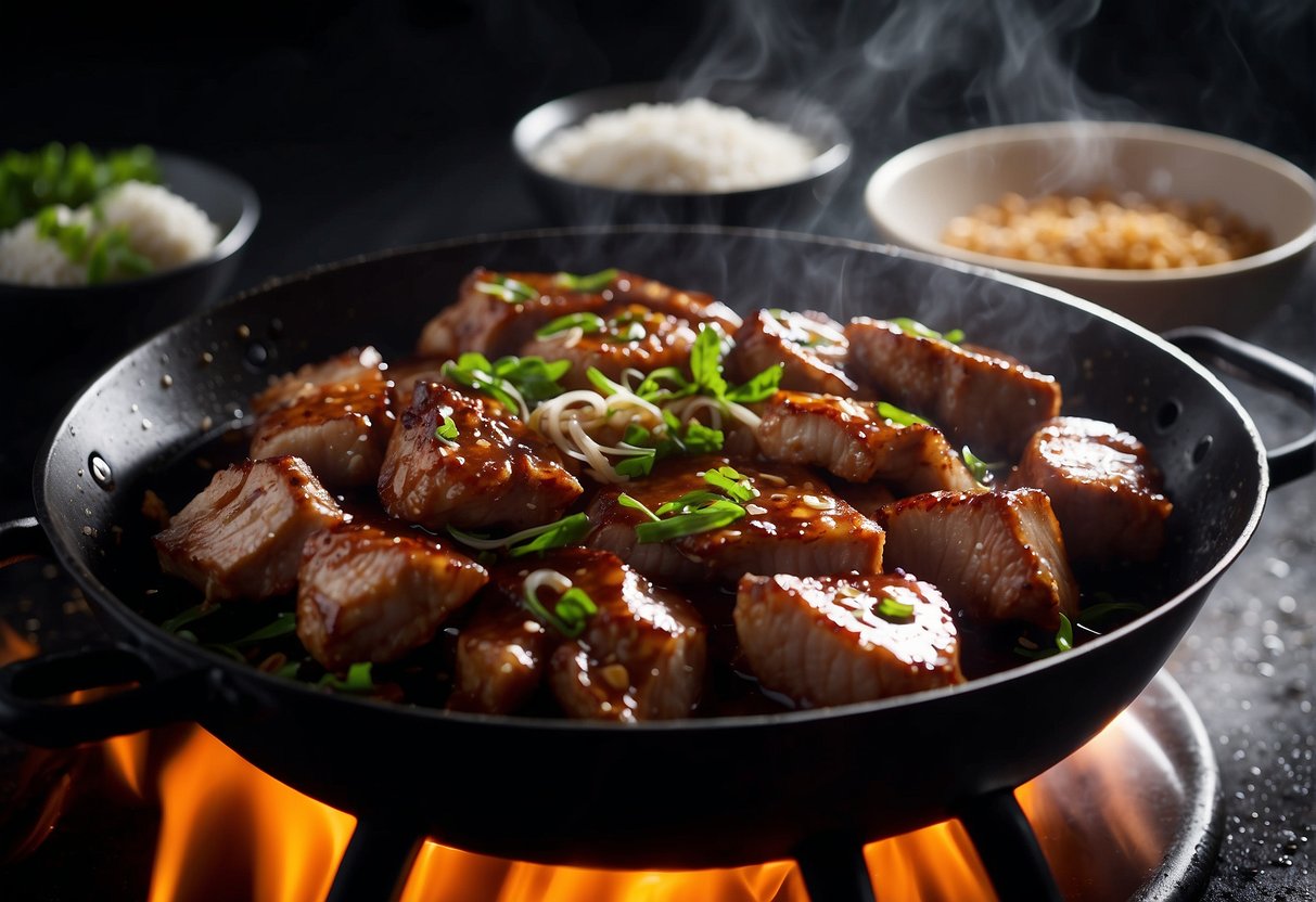 Sizzling pork pieces in a wok, drizzling with Chinese black vinegar and soy sauce, while adding garlic and ginger for aroma