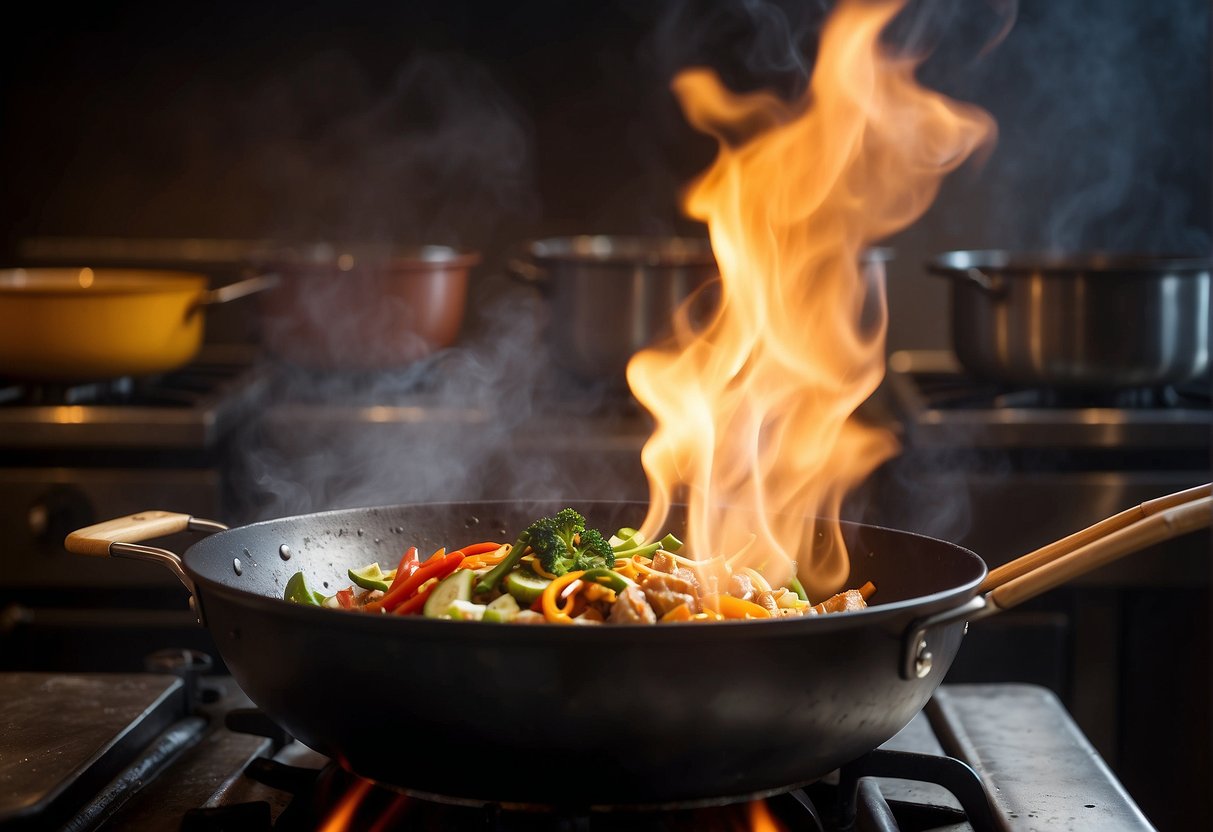 A wok sizzles over a hot flame as ingredients are tossed in. Steam rises as a chef adds seasoning, creating a vibrant, aromatic dish