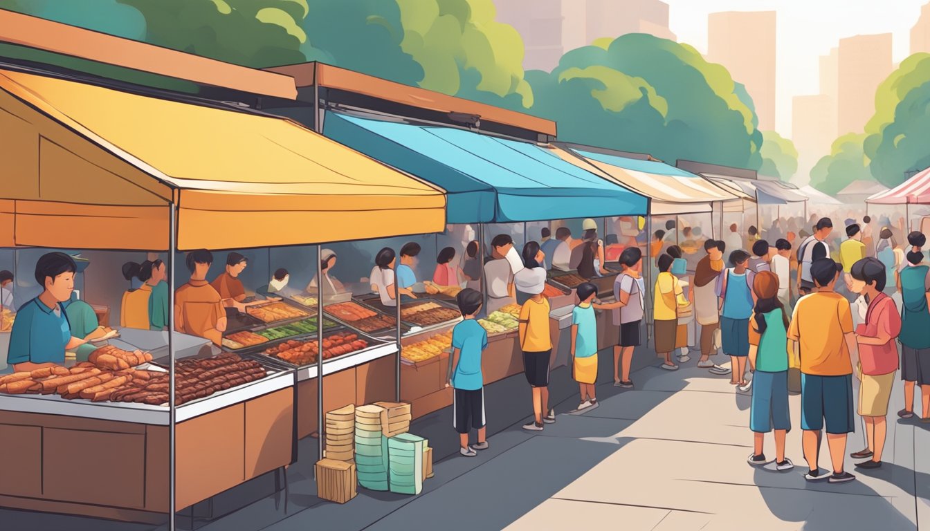 A bustling outdoor market with colorful stalls selling various BBQ foods in Singapore. Customers line up to purchase skewers, grilled meats, and other tasty treats
