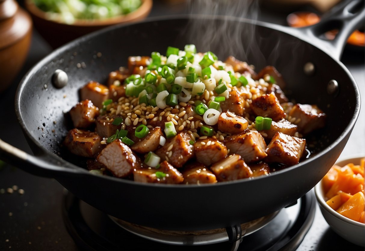A sizzling wok filled with marinated pork, ginger, garlic, and Chinese black vinegar, emitting a savory aroma. Chopped green onions and sesame seeds sprinkled on top