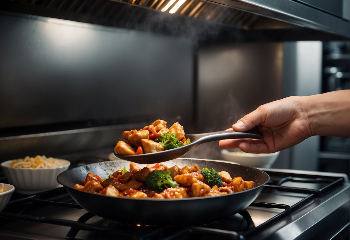 A wok sizzles with dark sauce chicken pieces. A hand lifts a container from the fridge. Microwave timer counts down