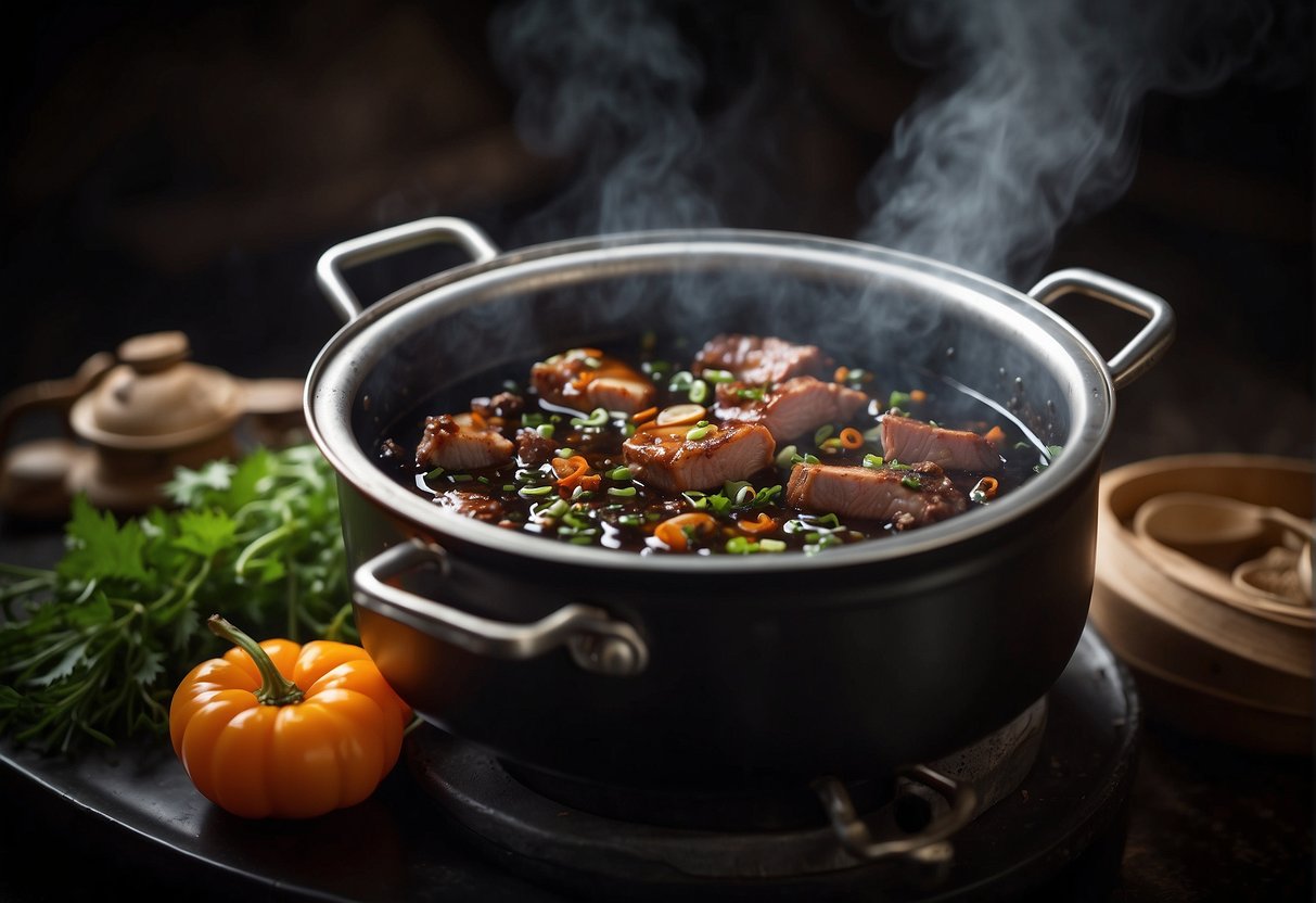 A bubbling pot of Chinese black vinegar pork simmers on a traditional stove, surrounded by aromatic spices and herbs