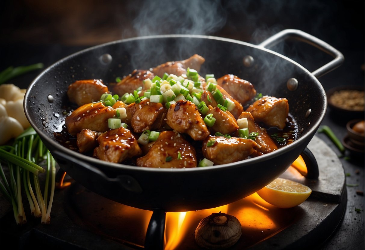 A sizzling wok with dark, glossy chicken pieces, surrounded by aromatic garlic, ginger, and green onions, as steam rises from the bubbling black sauce