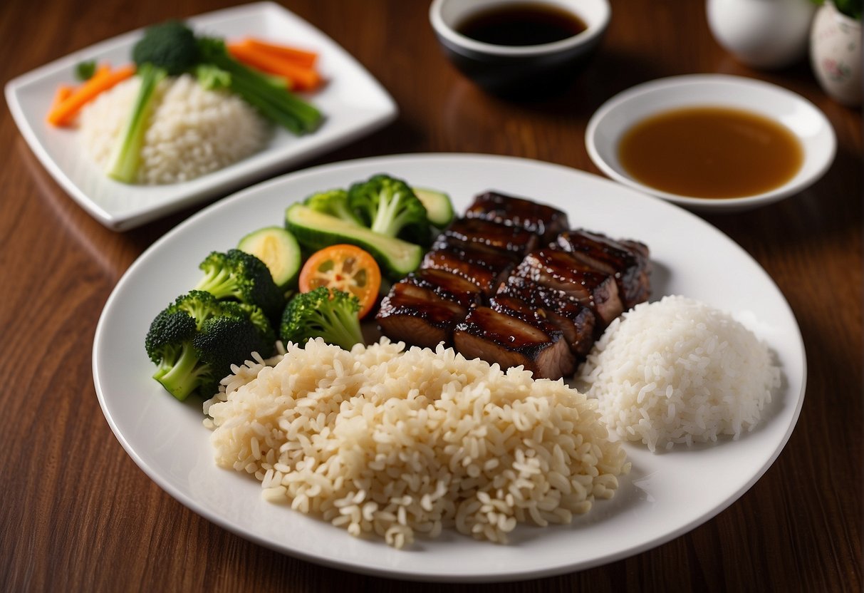 A plate of Chinese black vinegar pork, accompanied by a side of steamed vegetables and a bowl of white rice, is elegantly presented on a wooden table