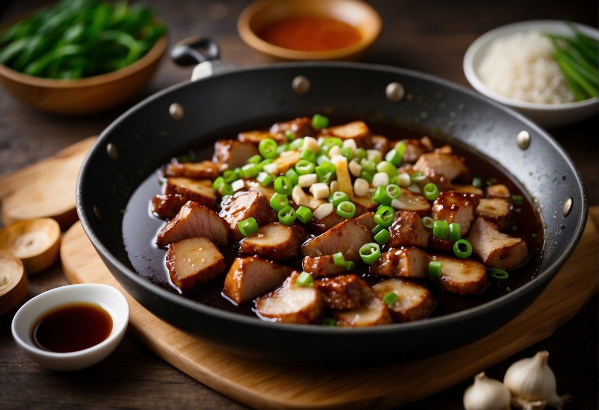 A sizzling pan with pork simmering in Chinese black vinegar sauce, surrounded by ingredients like ginger, garlic, and green onions