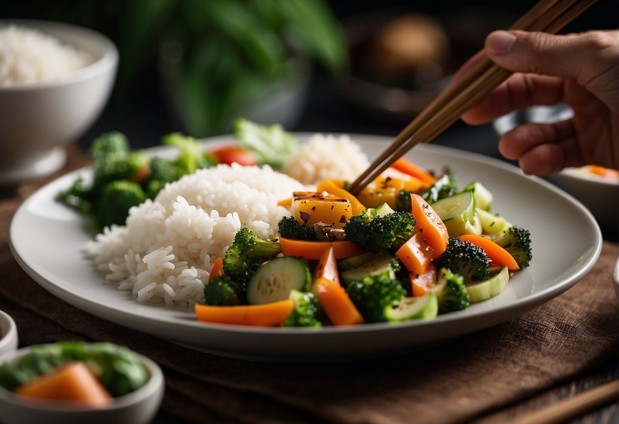 A hand adds garnish to a plate of stir-fried vegetables, next to a bowl of steamed rice. Chopsticks rest on a napkin