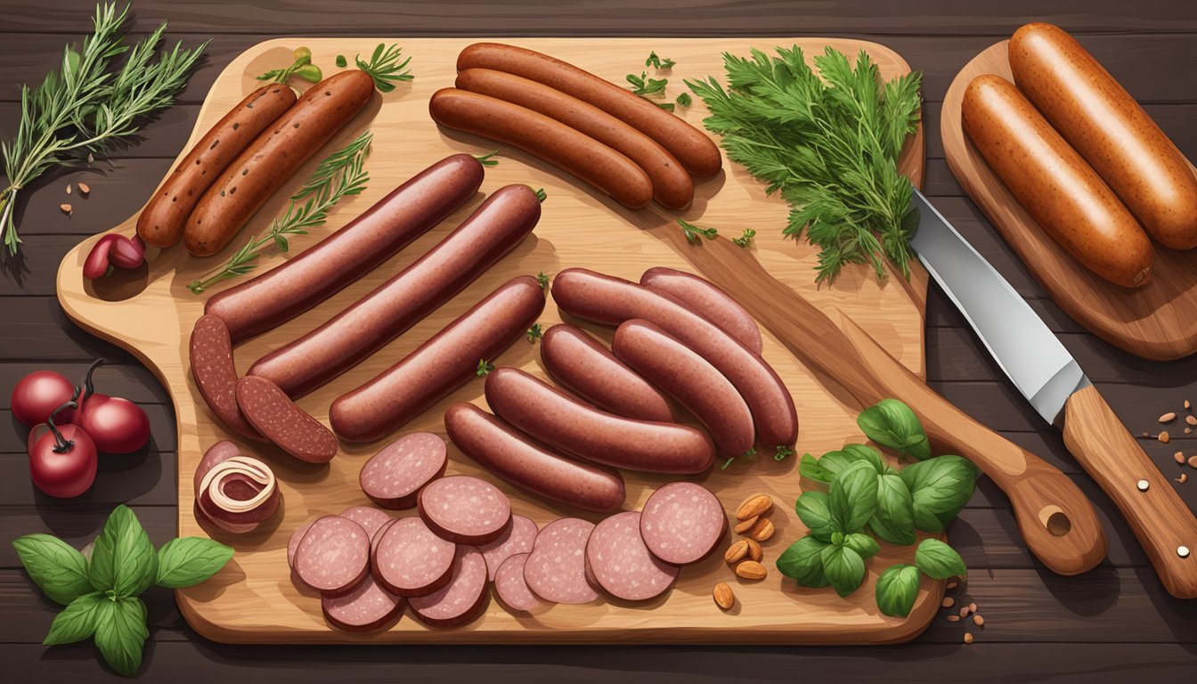 Various smoked sausage brands displayed on a wooden cutting board with a knife and some herbs scattered around