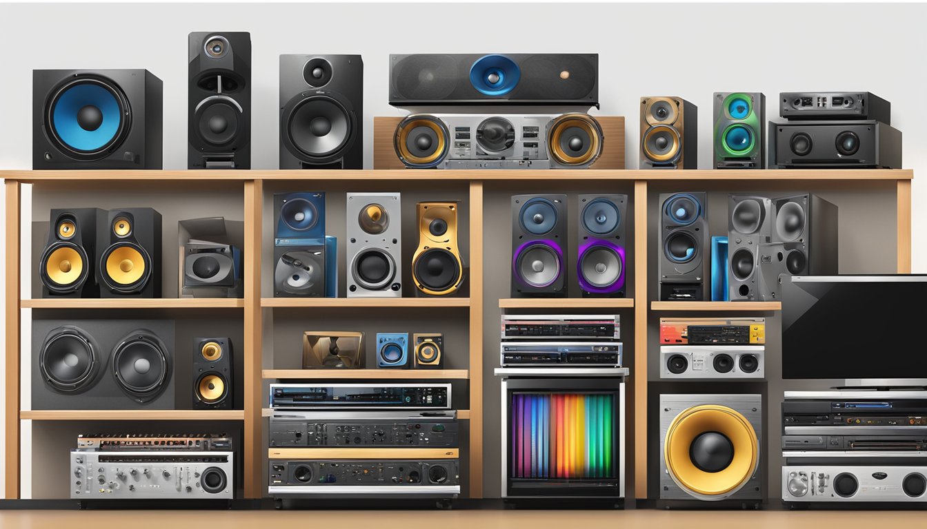 A variety of sound system brands displayed on shelves with colorful logos and sleek designs