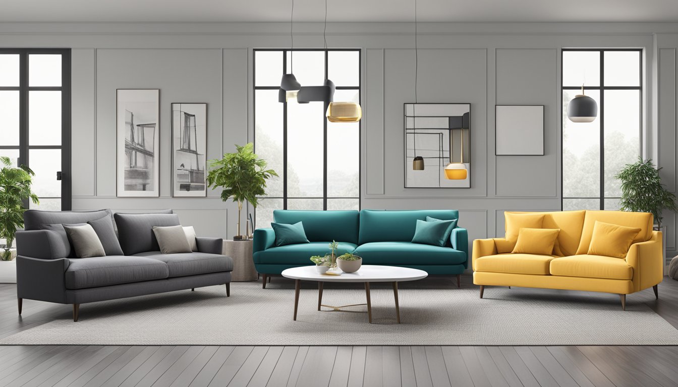 A showroom displays top sofa brands in a row, each with unique designs and features