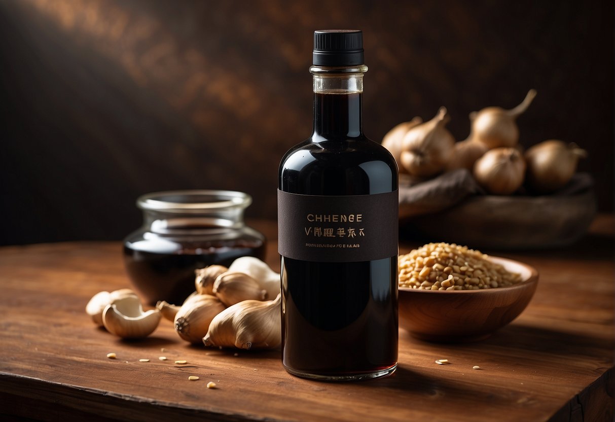 A bottle of Chinese black vinegar sits on a wooden table, surrounded by fresh ginger, garlic, and soy sauce. A recipe book lies open next to it, with handwritten notes and splatters of vinegar
