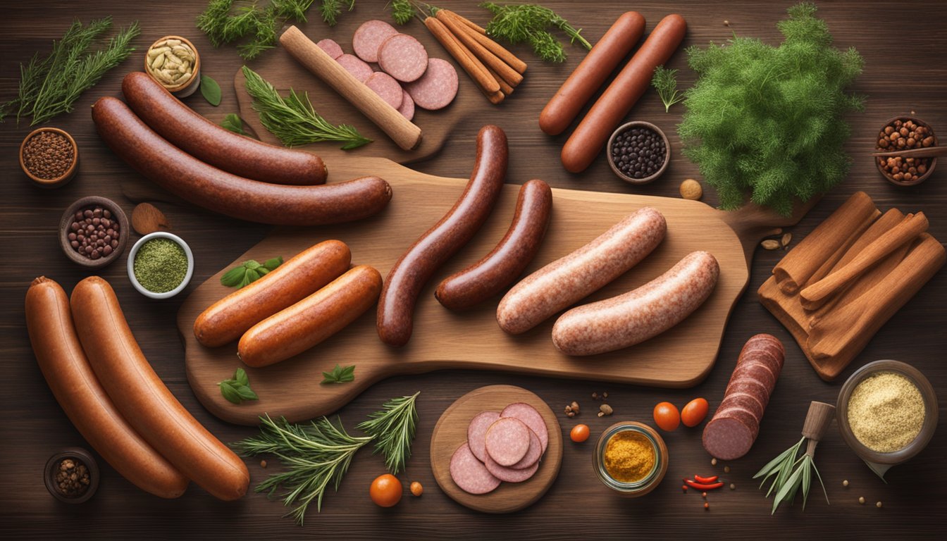 Various smoked sausage brands displayed on a rustic wooden table, surrounded by fresh herbs and spices. A warm, inviting atmosphere with a hint of smoky aroma in the air