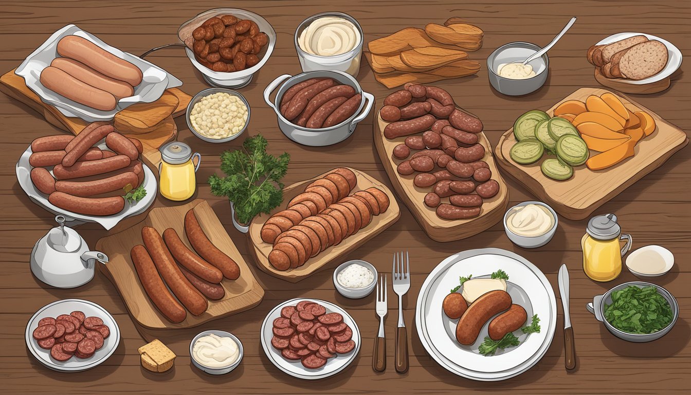 A table spread with various smoked sausage brands, accompanied by cooking utensils and highlighted cooking tips