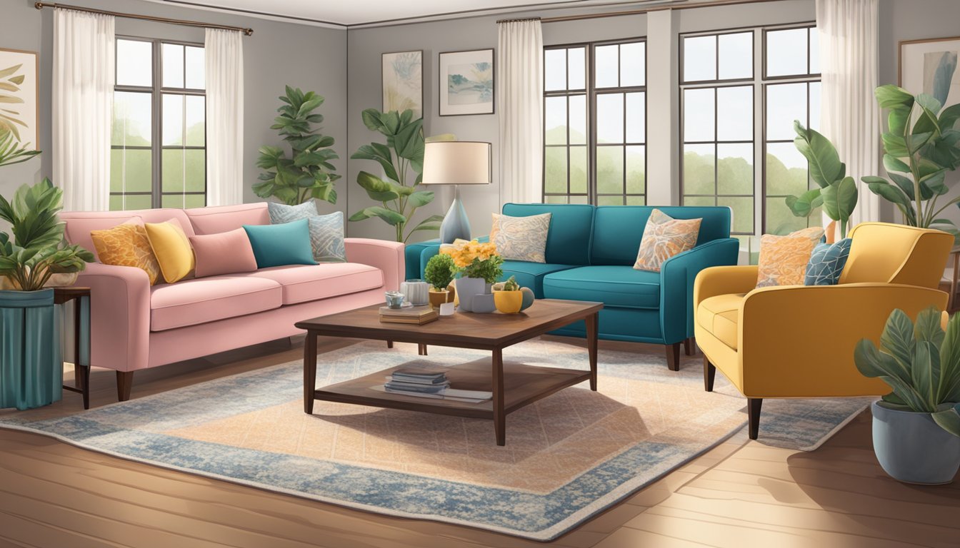 A cozy living room with various sofa brands displayed, each with different styles and sizes, creating a welcoming and inviting atmosphere for potential buyers to choose from