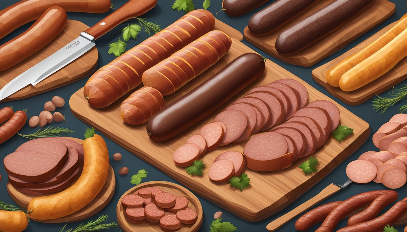 A variety of smoked sausage brands arranged on a wooden cutting board with a knife beside them. The packaging is colorful and the sausages are different sizes and shapes
