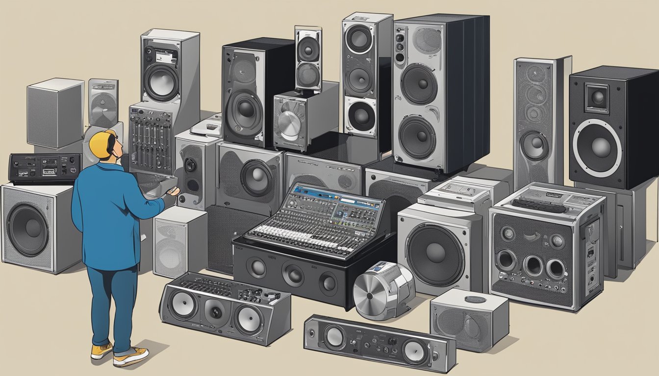 A person comparing sound system brands, surrounded by various options and specifications