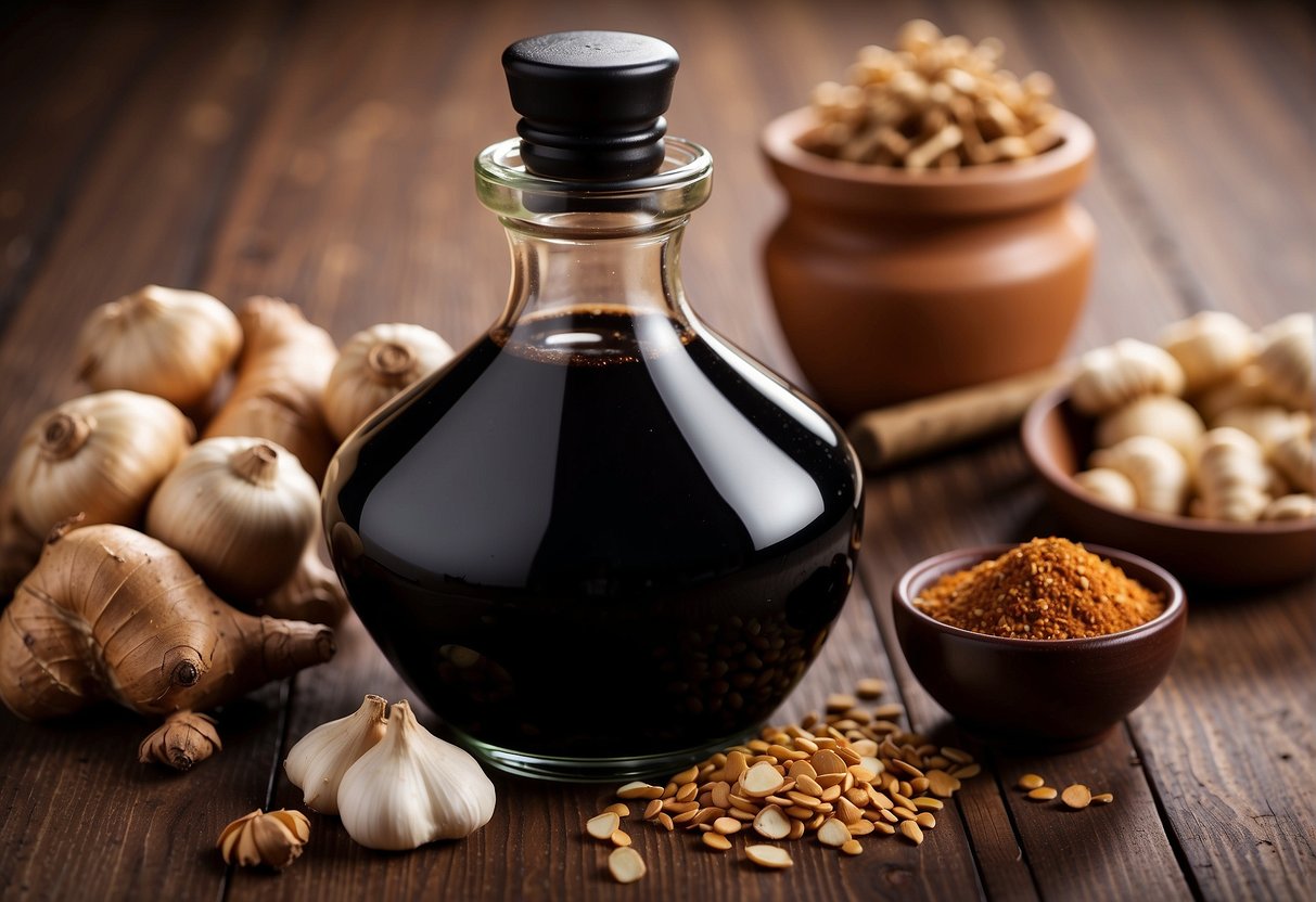 A bottle of Chinese black vinegar sits on a wooden table, surrounded by ingredients like ginger, garlic, and soy sauce. A recipe book lies open next to it, with a page detailing the process of making the vinegar