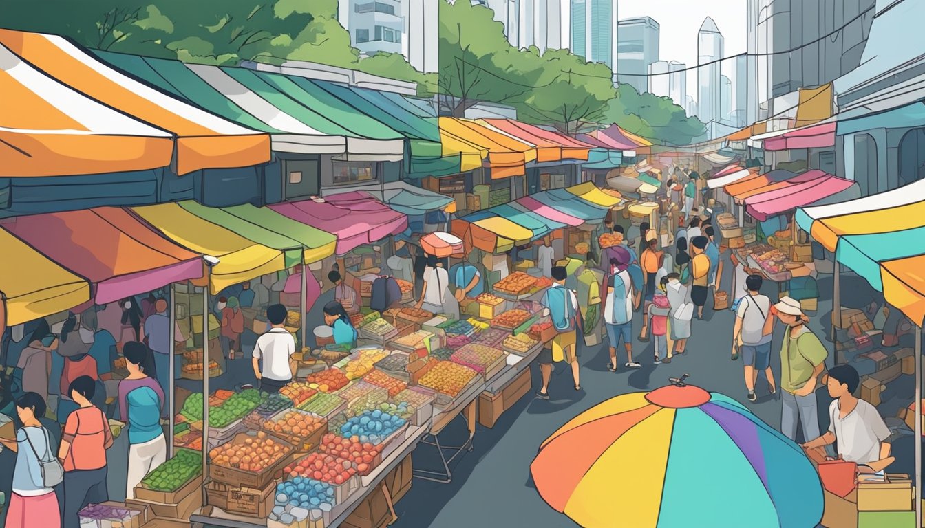 A bustling street market with colorful stalls selling a variety of affordable toys in Singapore