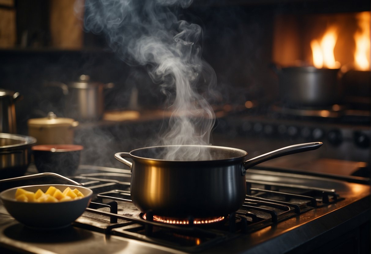 A pot simmers on a stove, steam rising as Chinese black vinegar is poured in. Ingredients surround the pot, ready to be added to the recipe
