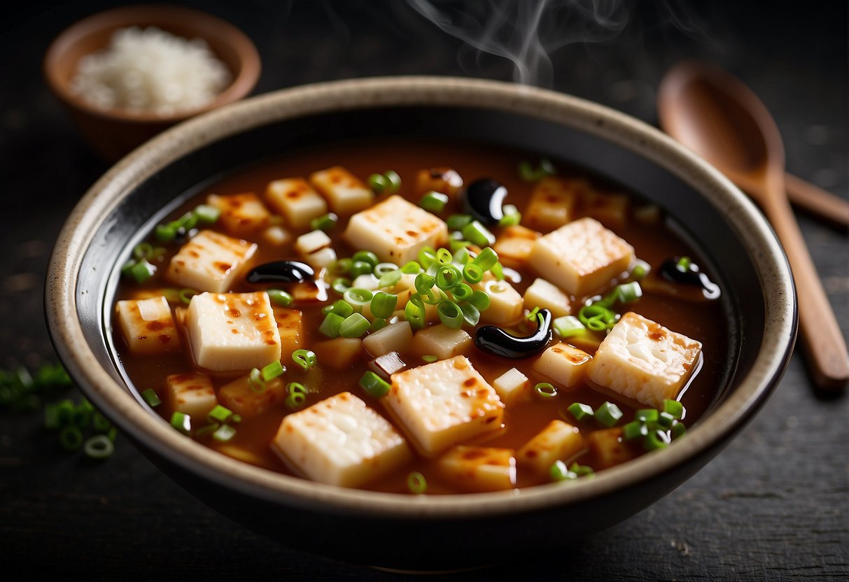 A steaming bowl of hot and sour soup, with a splash of dark Chinese black vinegar swirling in the broth. Green onions and tofu float on the surface, adding texture to the dish