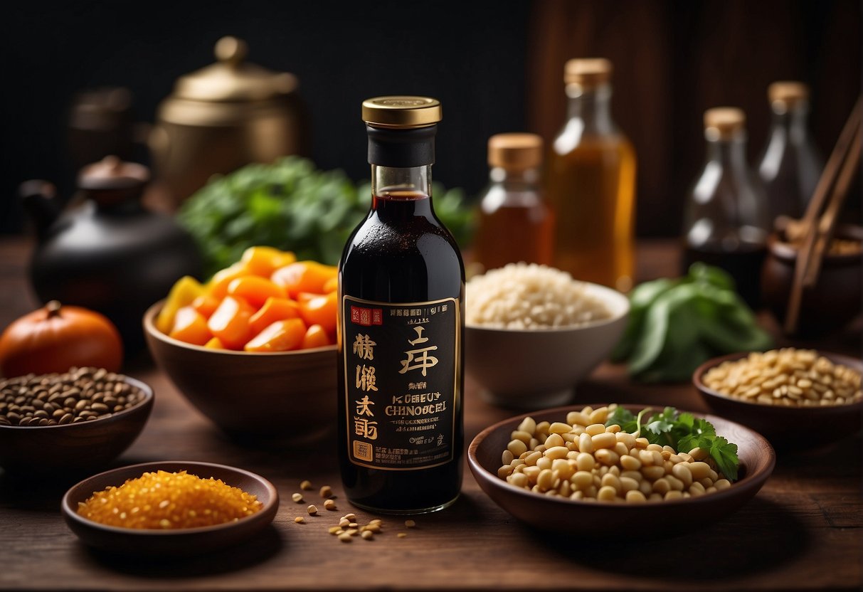 A bottle of Chinese black vinegar surrounded by various ingredients and measurement tools on a kitchen counter