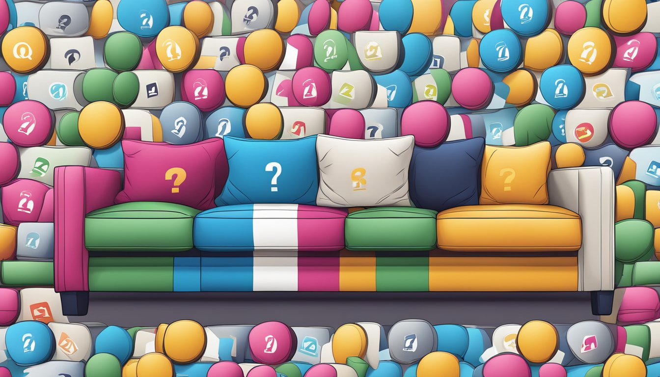 A stack of sofas with brand logos, surrounded by question marks