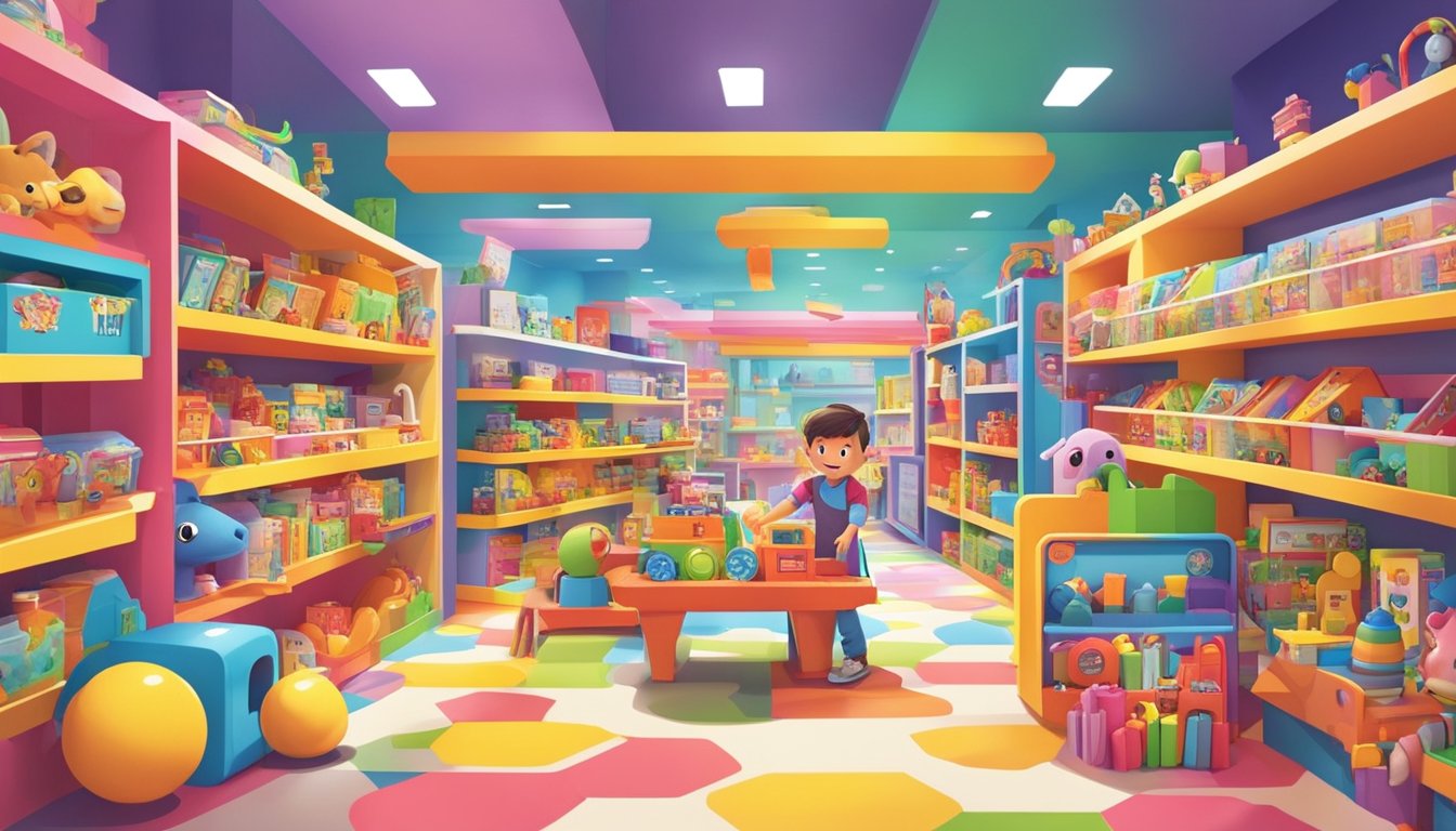 Children browsing colorful shelves of affordable toys in a lively Singapore toy shop. Bright signage and playful displays create a fun and inviting atmosphere