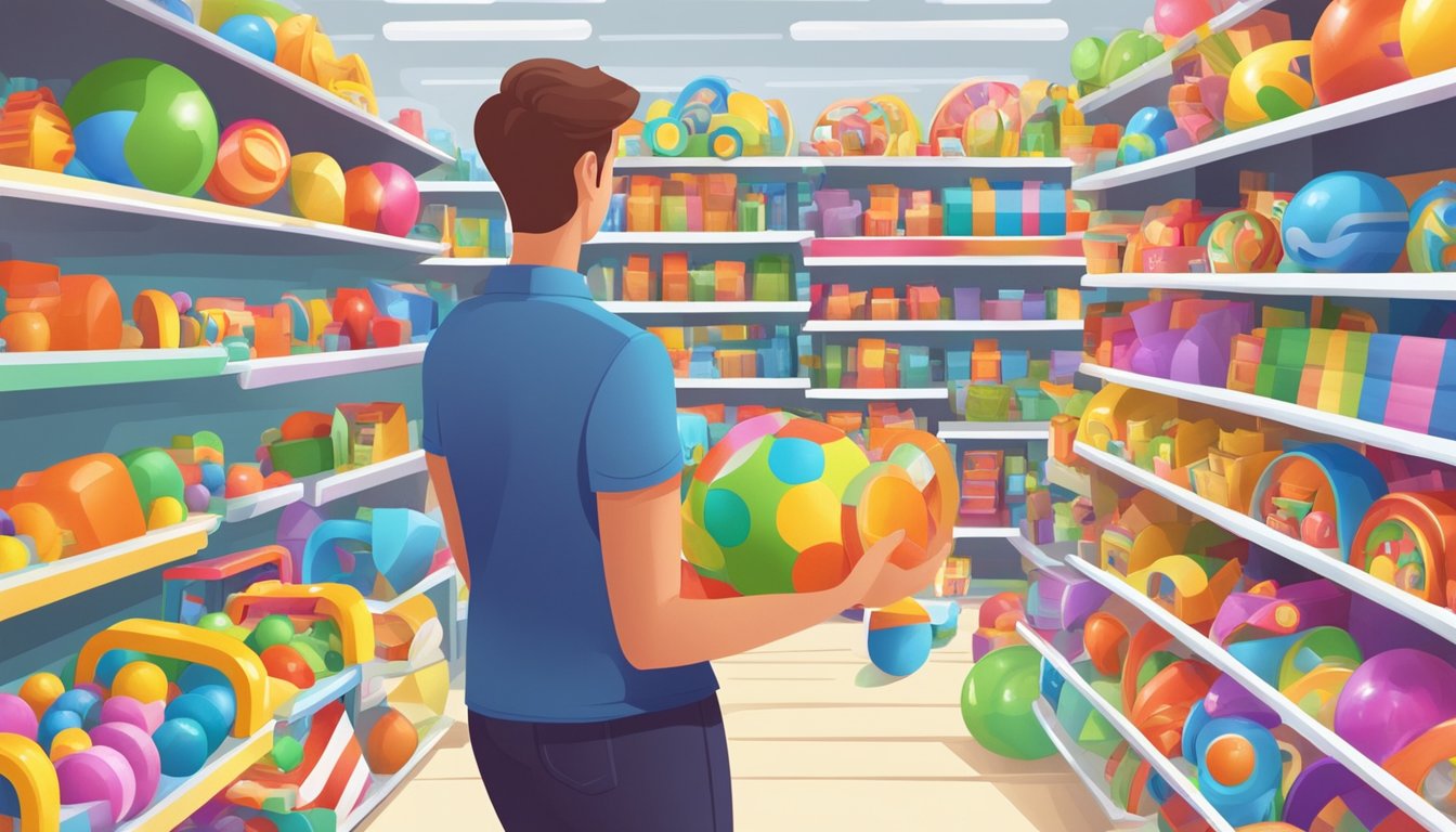 A parent browsing rows of colorful toys in a discount store, comparing prices and reading labels