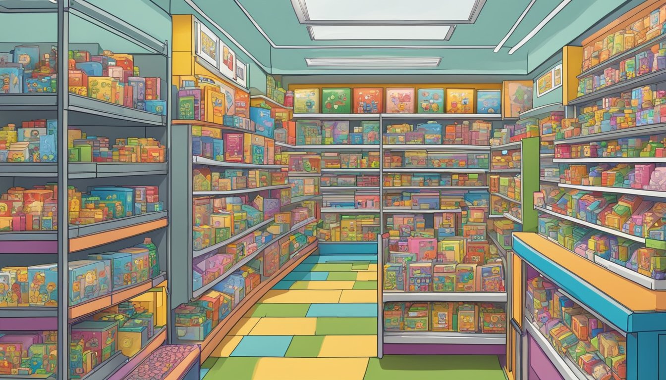 A bustling toy store in Singapore, filled with shelves of discounted toys and a sign reading "Frequently Asked Questions: Where to buy cheap toys in Singapore."