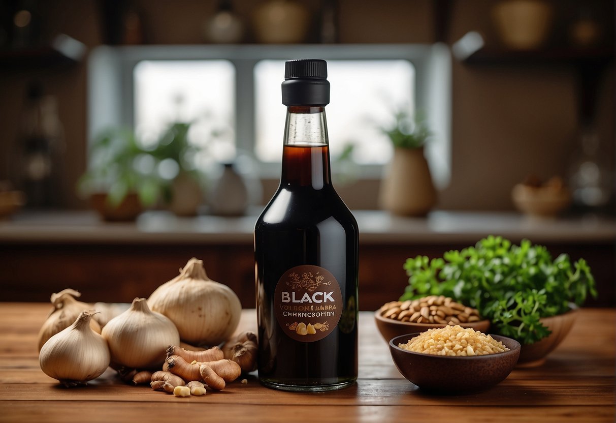 A bottle of Chinese black vinegar surrounded by various ingredients like ginger, garlic, and soy sauce on a wooden kitchen countertop