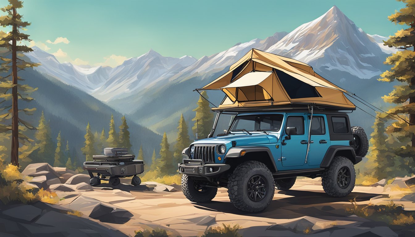 A rooftop tent sits atop a rugged vehicle, surrounded by mountains and trees under a clear blue sky
