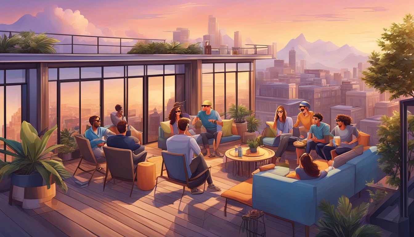 A group of adventurous individuals enjoy a rooftop lifestyle with vibrant branding and scenic views