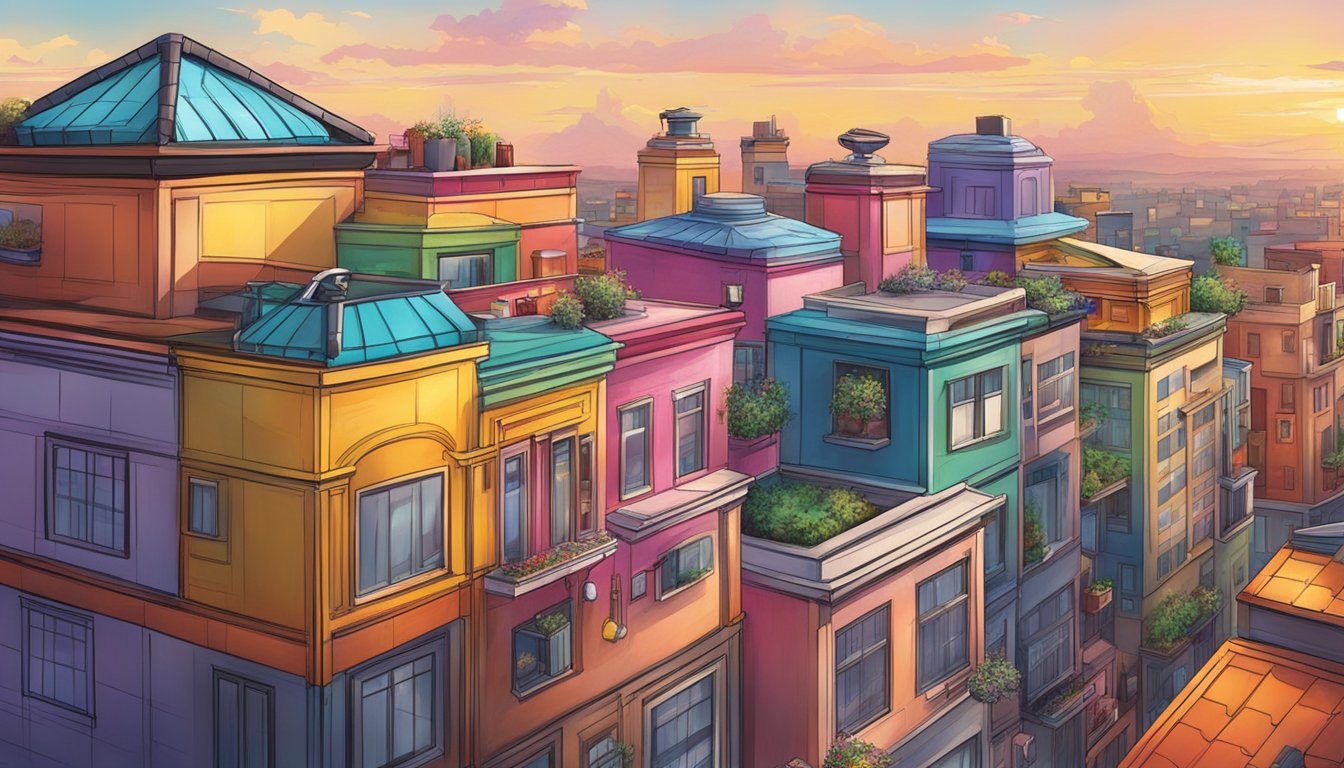 A colorful rooftop with various brand logos displayed
