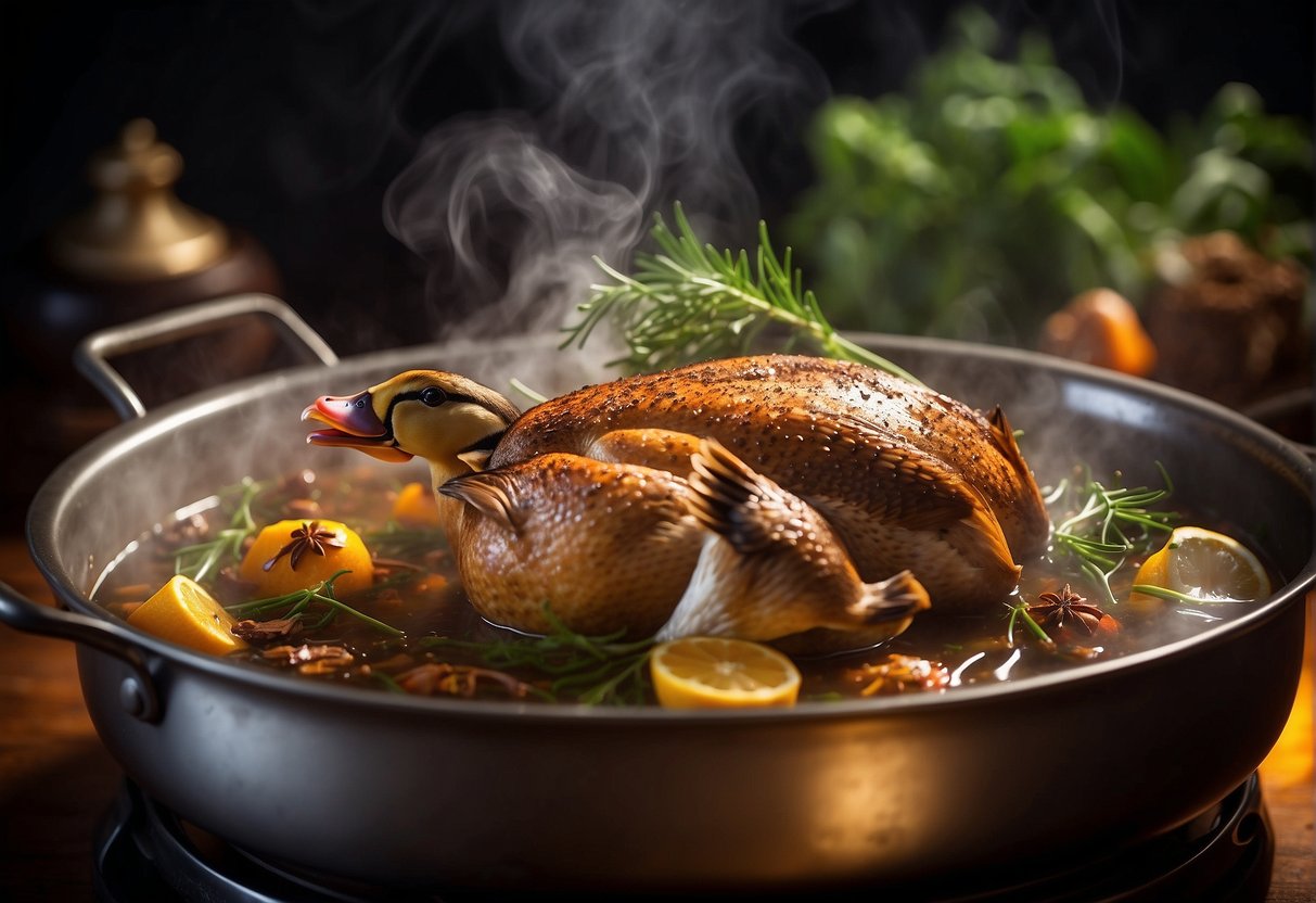 A whole duck simmering in a pot of aromatic Chinese spices and herbs, surrounded by steam and bubbles