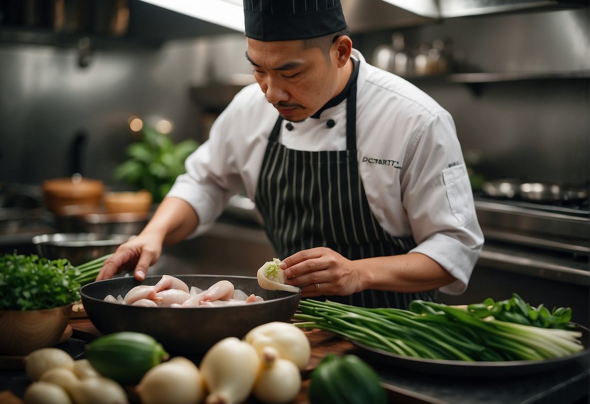 A chef carefully selects fresh duck, ginger, and green onions for Chinese boiled duck recipe