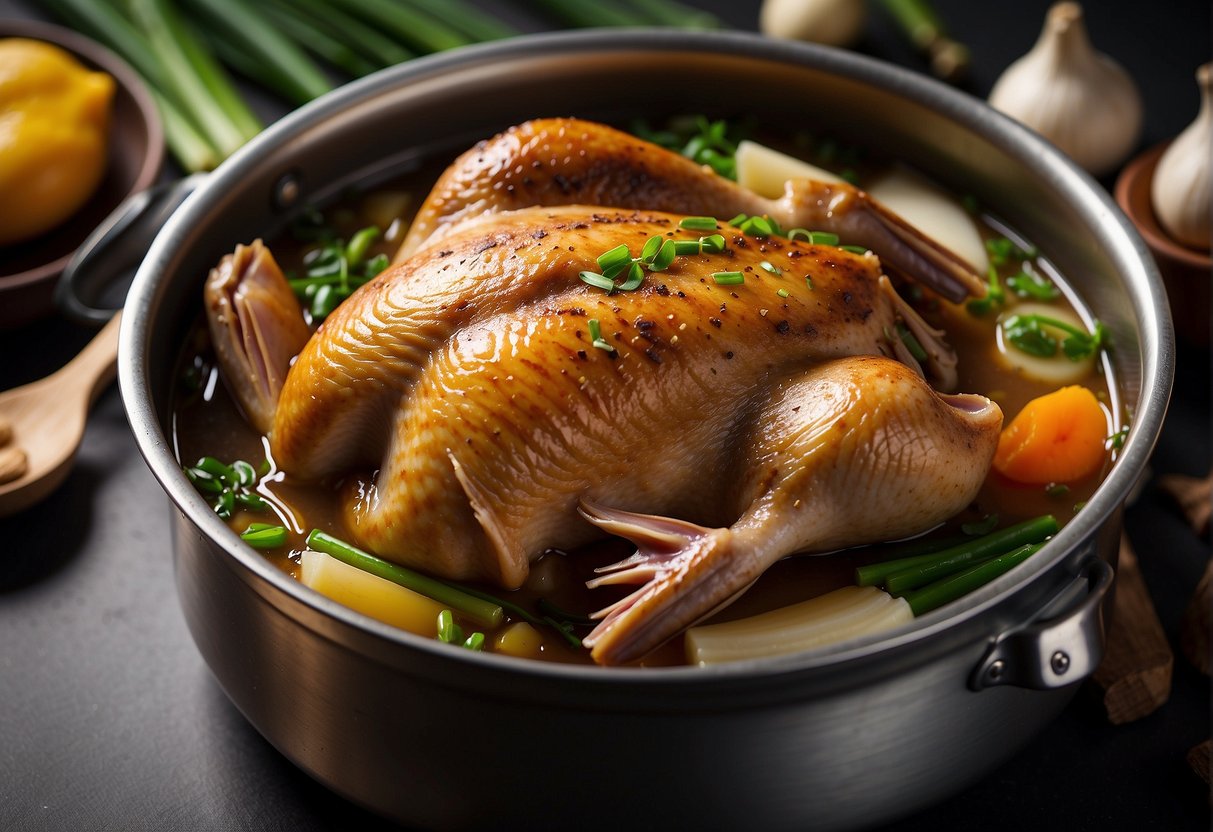 A whole duck simmers in a pot of fragrant broth, surrounded by ginger, garlic, and green onions. Steam rises as the duck cooks to tender perfection