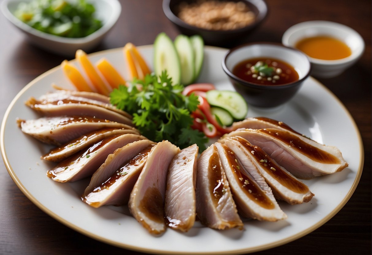 A platter of sliced Chinese boiled duck arranged with garnishes and dipping sauce