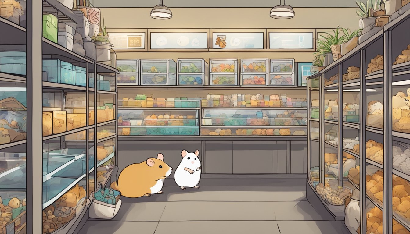 A pet store in Singapore with shelves of hamster cages and supplies, customers browsing, and a sign reading "Frequently Asked Questions: Where to buy hamster in Singapore."