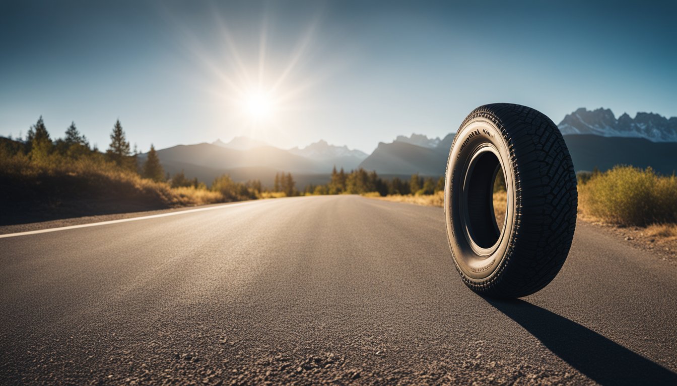 A tire with the Barum logo sits on a rugged road, surrounded by mountains and trees. The sun shines down, casting long shadows across the landscape