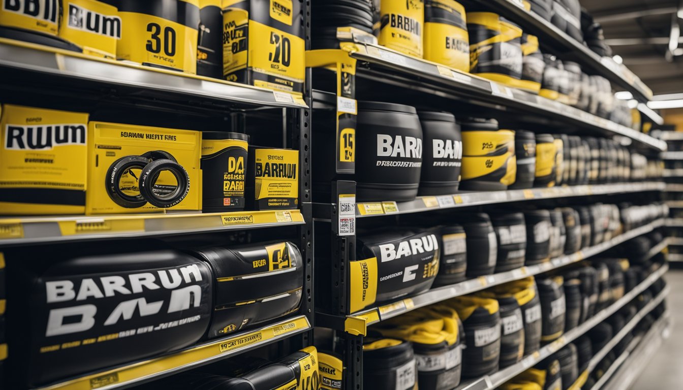 A variety of Barum tire products displayed on shelves with a prominent "Barum é Bom" sign