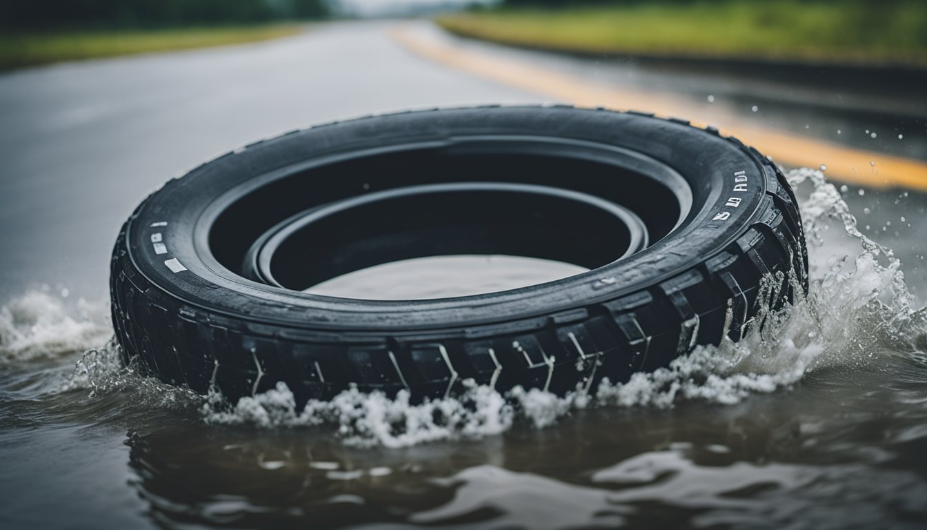 A Barum tire rolling smoothly on a wet road, with water splashing up and the tread gripping the surface
