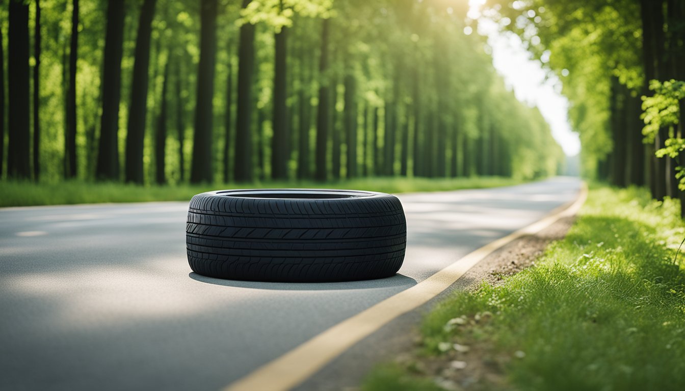 A tire from the Barum brand rolls smoothly on a road, surrounded by green trees and clear skies, symbolizing the connection between economy and sustainability