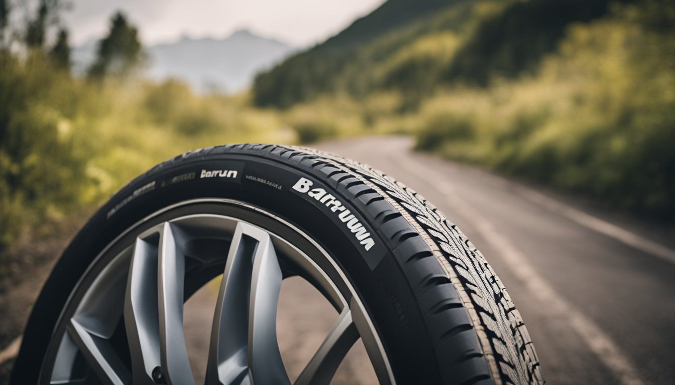 A tire with the brand name "Barum" is shown on a rugged road, with positive reviews and a strong market reputation surrounding it