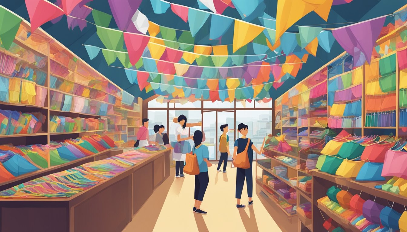 A colorful kite shop in Singapore, with a variety of kites displayed on shelves and hanging from the ceiling. Customers browsing and a friendly salesperson assisting