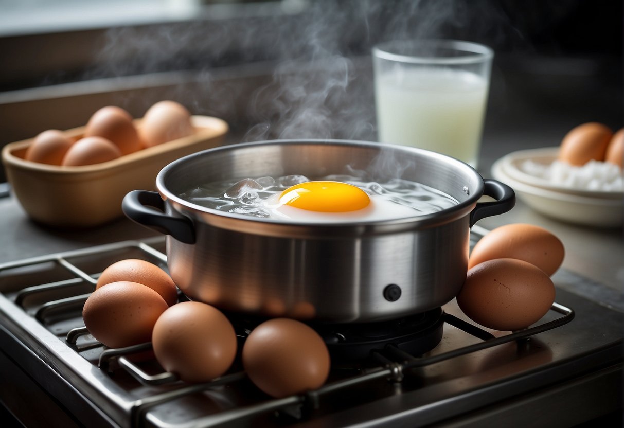 A pot of boiling water with eggs inside, a timer set nearby, and a bowl of ice water ready for cooling