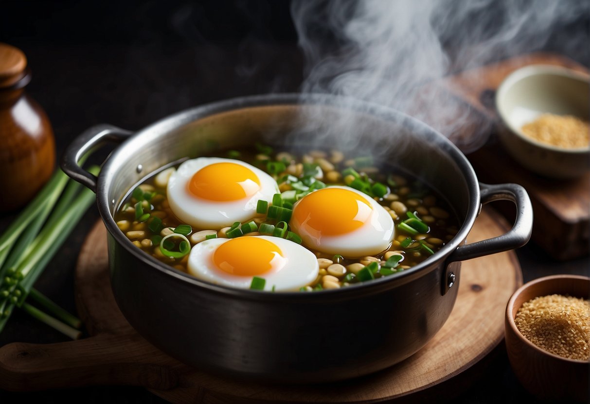 A pot of boiling water with eggs inside, steam rising, surrounded by ingredients like soy sauce and green onions