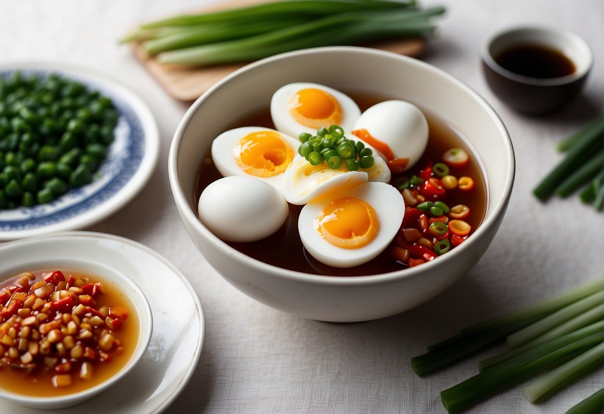 A table set with a steaming bowl of Chinese boiled eggs, surrounded by small dishes of soy sauce, chili oil, and green onions