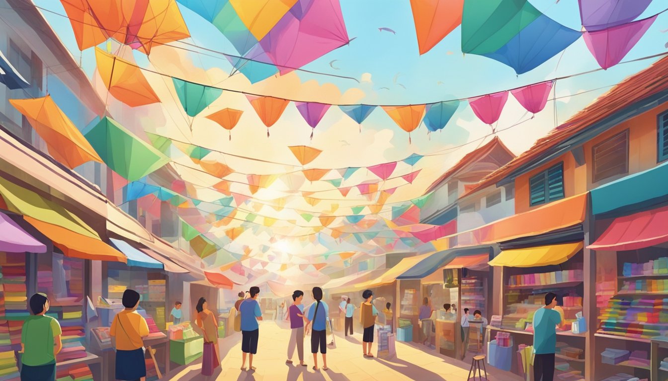 A colorful kite shop in Singapore, with rows of kites displayed against a bright, sunny sky. Customers browsing and chatting with the enthusiastic shop owner